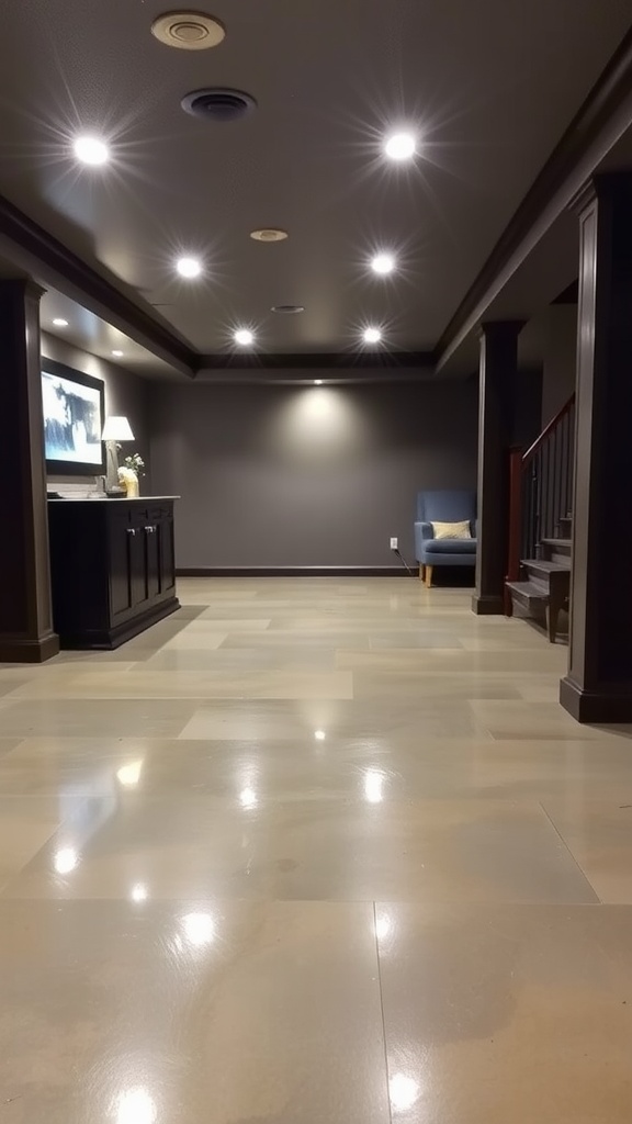 Children walking on a shiny, smooth epoxy floor in a basement setting.