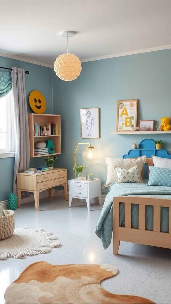A cozy bedroom featuring epoxy concrete floors, a blue accent wall, and ample natural light.