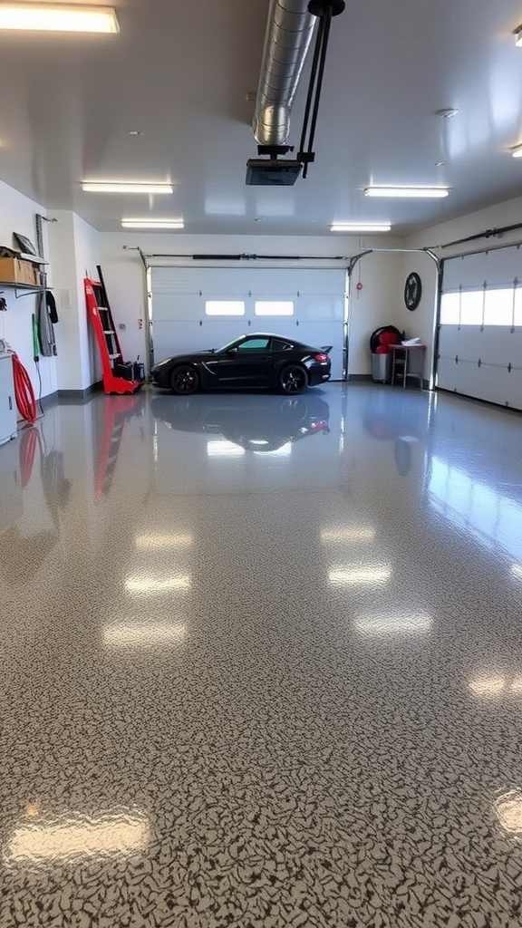 A pair of black shoes standing on a textured white epoxy garage floor.