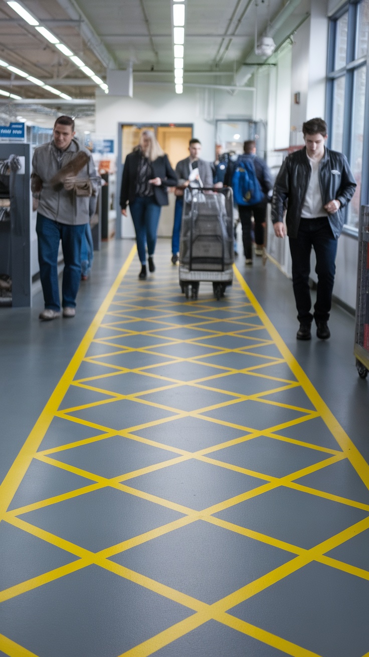 People walking on an epoxy floor with yellow markings.