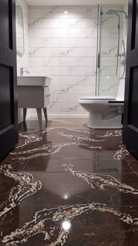 A modern bathroom featuring an epoxy floor, showcasing safety and style.