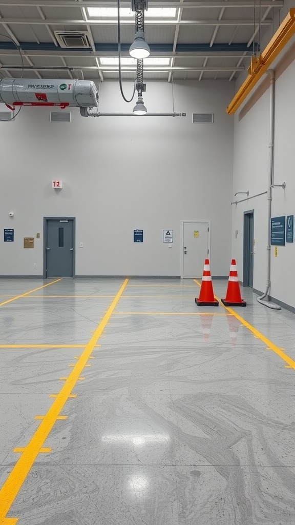 A clean garage with bright lighting and safety cones marking off the area, showcasing an organized workspace for epoxy floor installation.