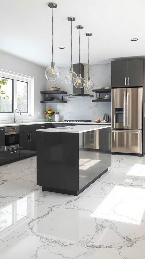 A modern kitchen featuring glossy resin flooring with colorful designs and ambient lighting.