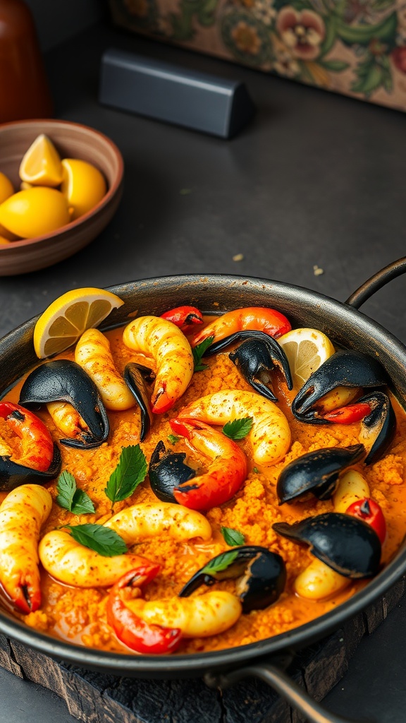 A colorful dish of saffron-infused paella featuring shrimp and mussels, garnished with parsley.