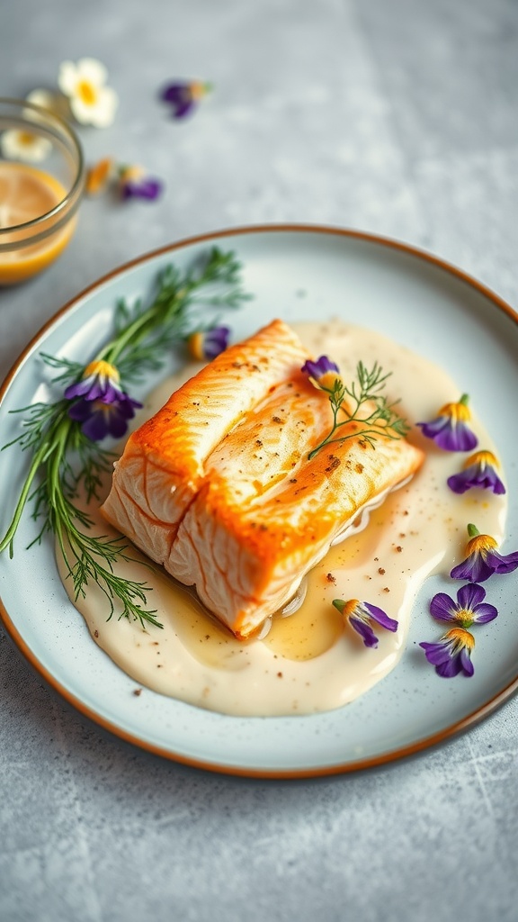 Saffron-infused baked salmon with dill sauce on a plate.