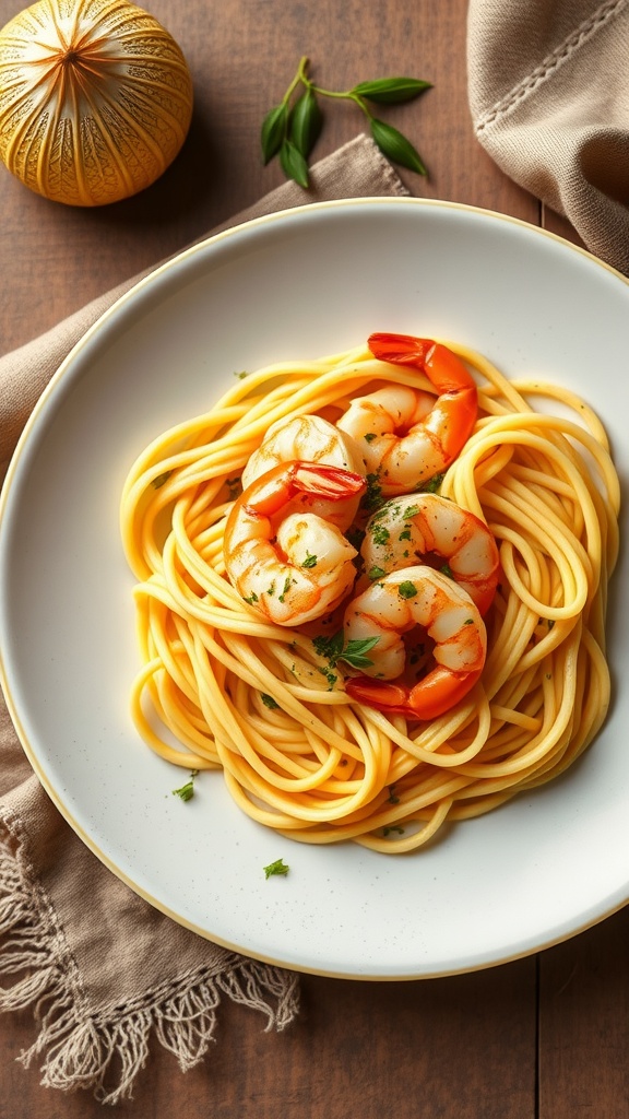A plate of saffron tagliatelle topped with shrimp and garnished with parsley.