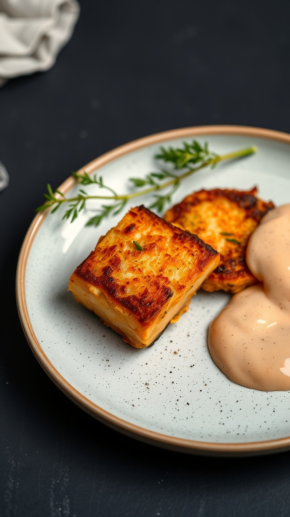 Delicious salmon and sweet potato cakes on a plate with a creamy sauce