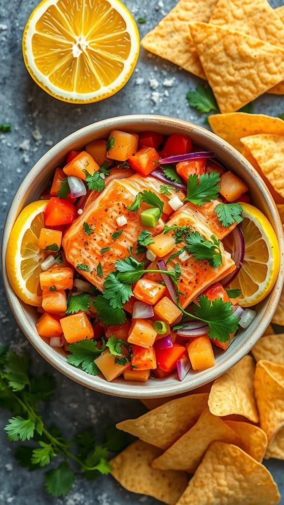 Bowl of salmon ceviche with citrus and colorful vegetables, served with tortilla chips.