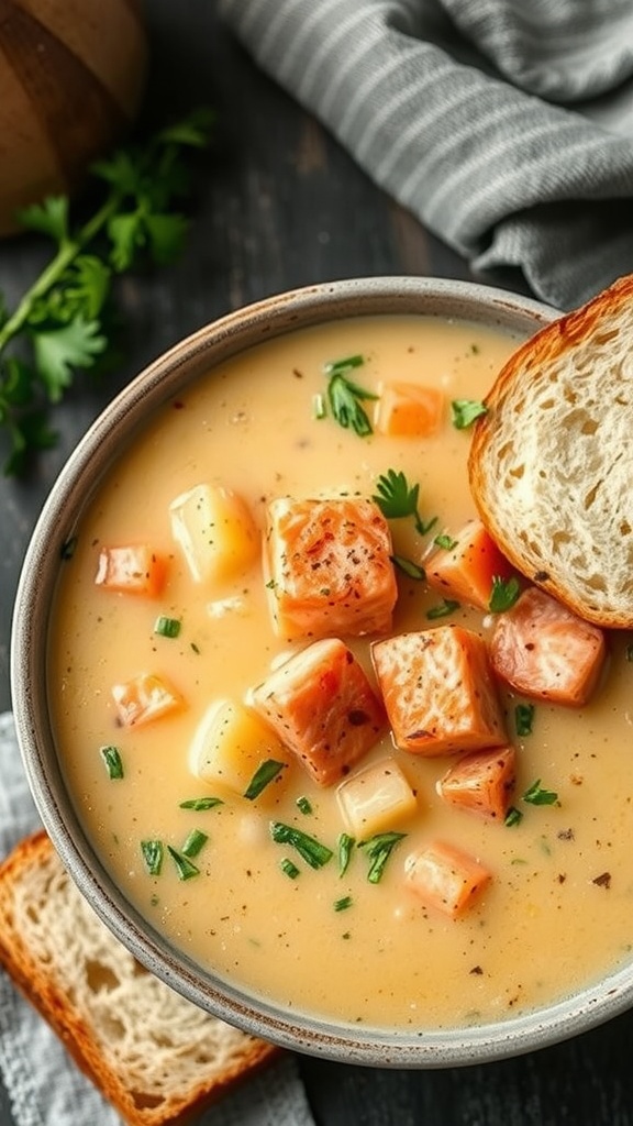 A creamy bowl of salmon chowder garnished with fresh herbs, served with crusty bread on the side.