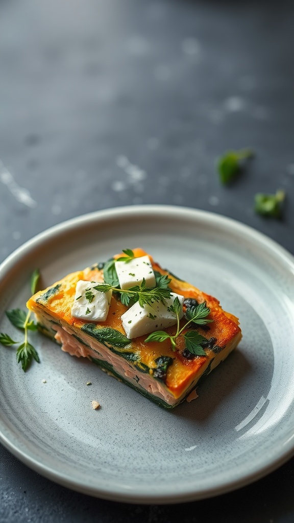 A slice of salmon frittata with spinach and feta on a plate.