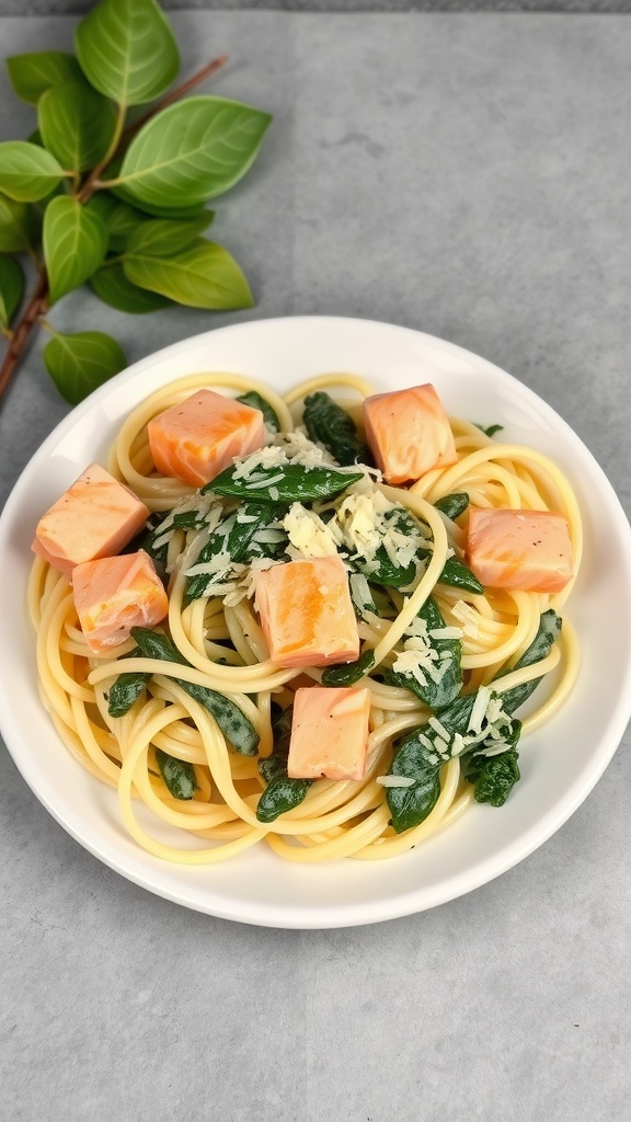 A plate of salmon pasta with creamy spinach sauce, garnished with cheese.