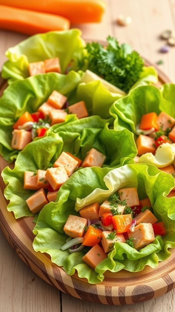Salmon salad lettuce wraps with colorful vegetables