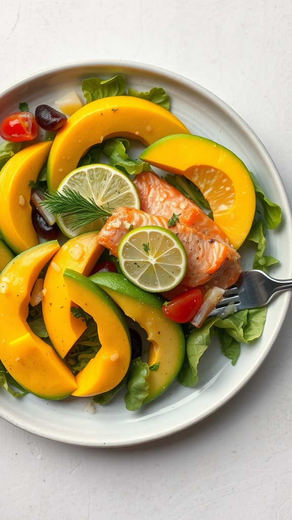 A vibrant salmon salad with mango, avocado, and greens.
