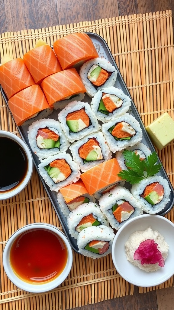 A platter of salmon sushi rolls with dipping sauces and garnishes.