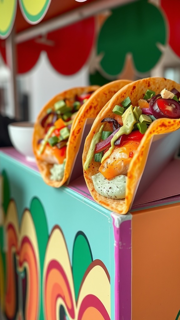 Two salmon tacos with fresh toppings and avocado crema