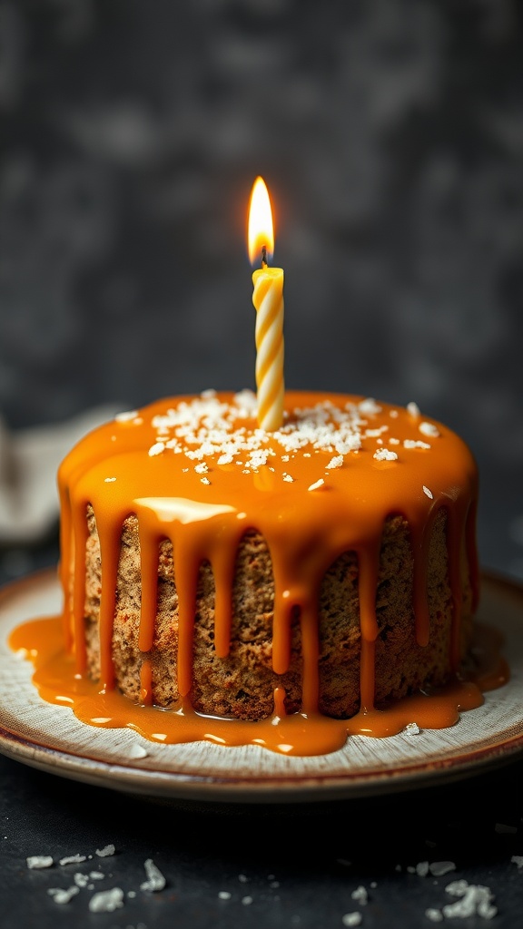 A delicious salted caramel cake with drizzled caramel and a lit birthday candle.