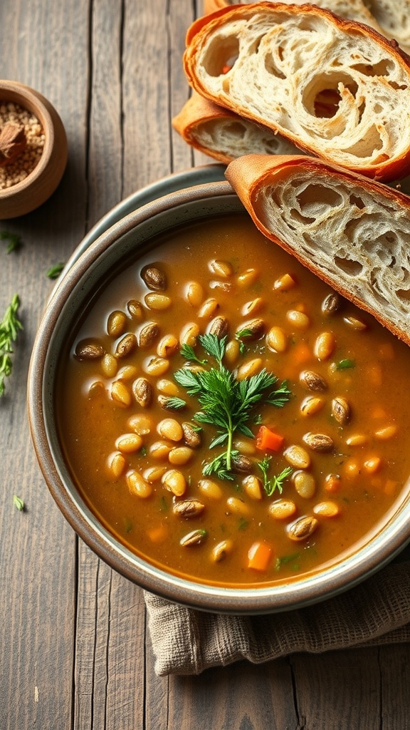 A bowl of lentil soup with fresh bread