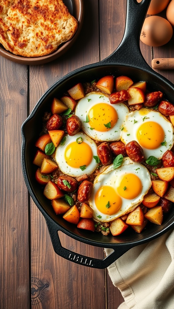 A skillet filled with sausage, diced potatoes, and sunny-side-up eggs, garnished with parsley.