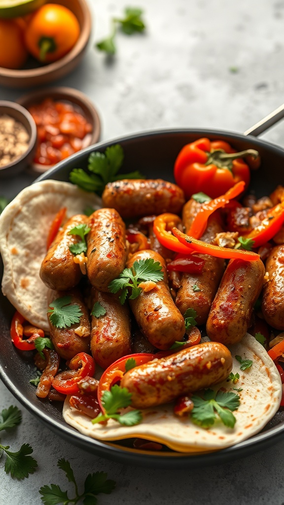Sausage and pepper fajitas served on warm tortillas with fresh cilantro.