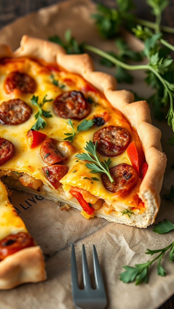 A delicious slice of sausage and pepper quiche with vibrant colors.