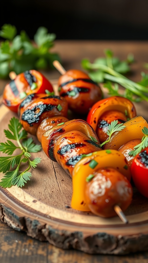 Sausage and pepper skewers with vibrant colors on a wooden platter.