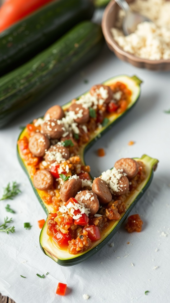 Sausage and pepper stuffed zucchini with mozzarella cheese