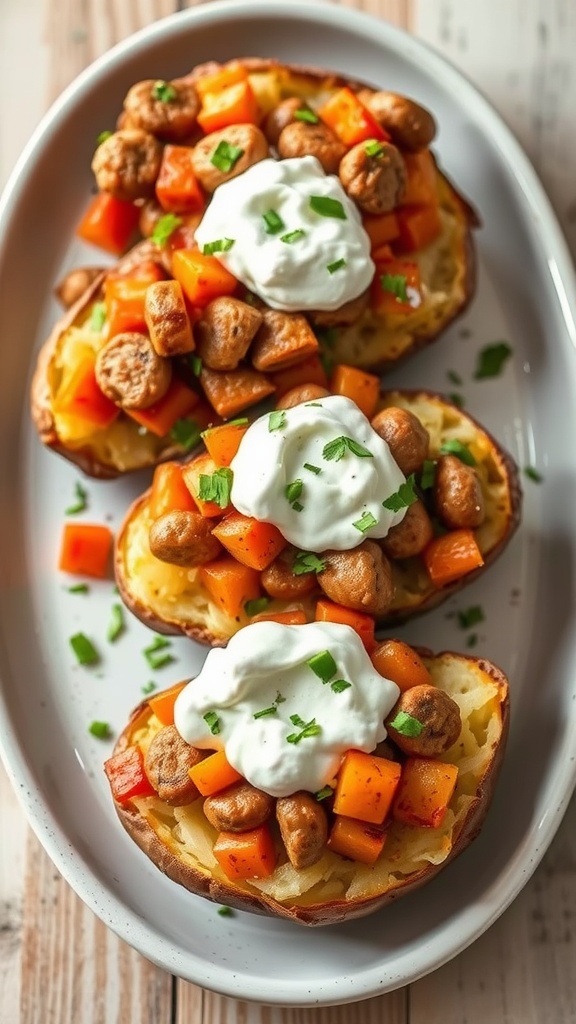 Baked potatoes topped with sausage, peppers, and sour cream