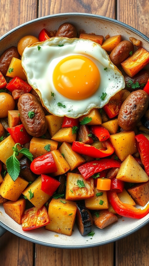 Sausage and peppers breakfast hash with potatoes and a fried egg.