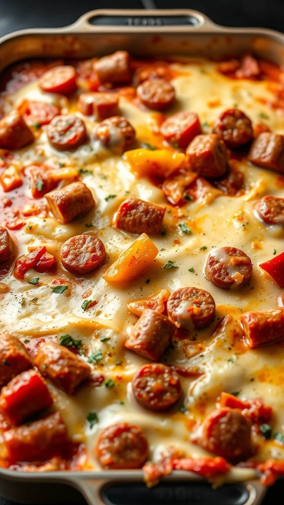A delicious sausage and pepper casserole topped with melted cheese, showcasing vibrant bell peppers and savory sausage pieces.