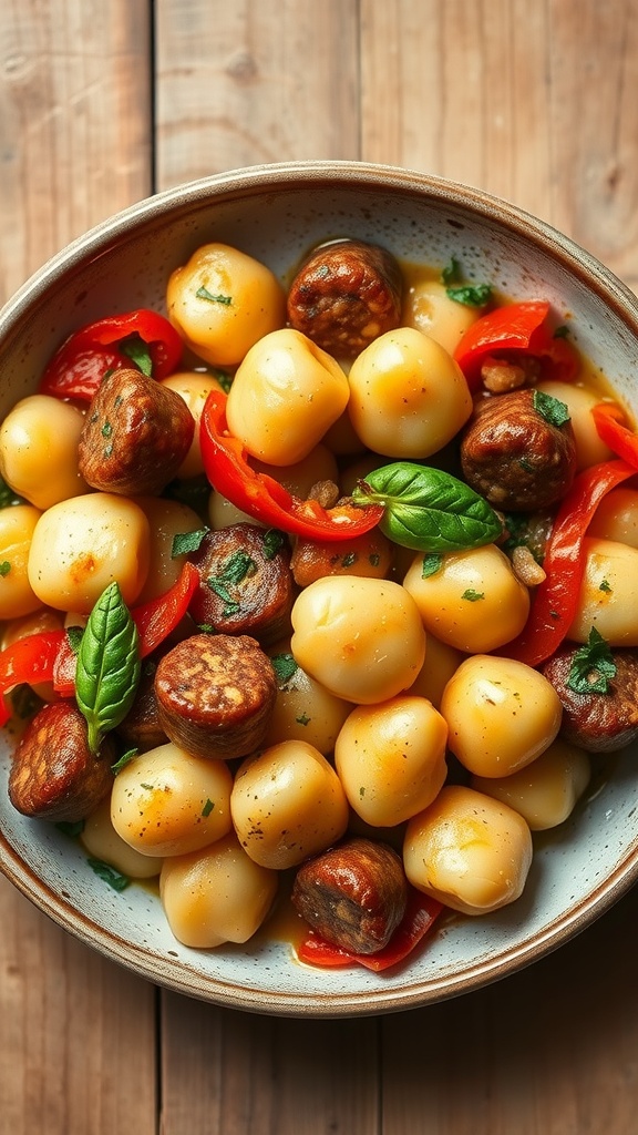 A bowl of Sausage and Peppers Gnocchi topped with fresh basil.