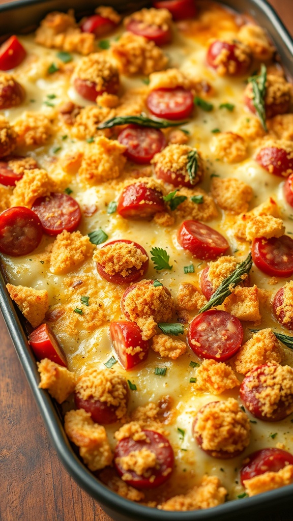 A delicious sausage and peppers gratin baked with cheese and breadcrumbs on top.