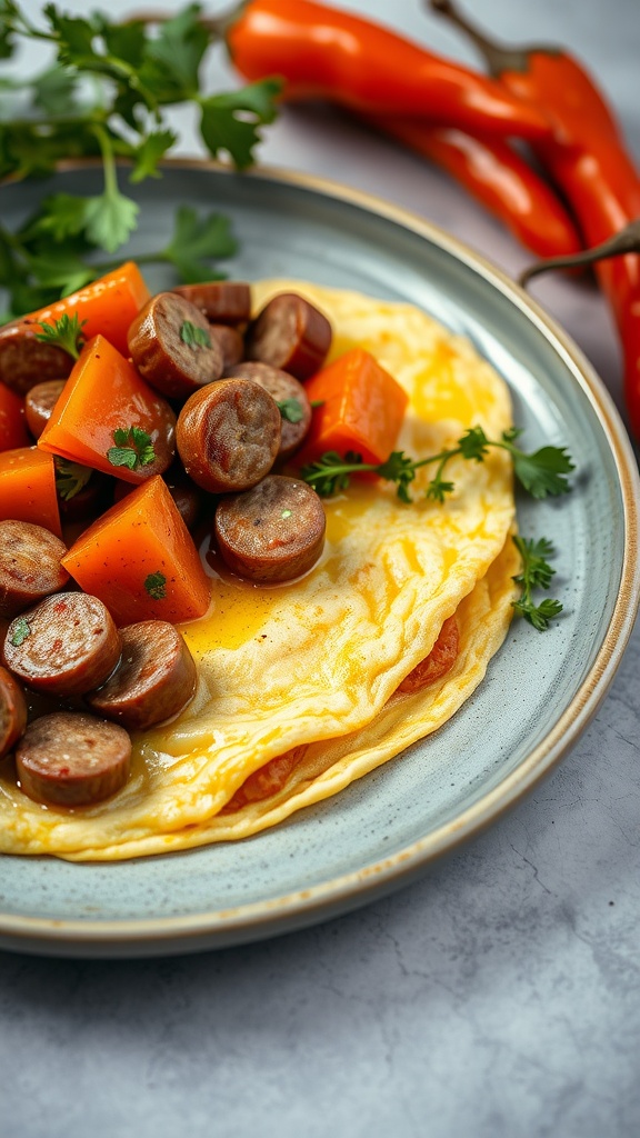 A delicious sausage and peppers omelette topped with diced peppers and sausage.