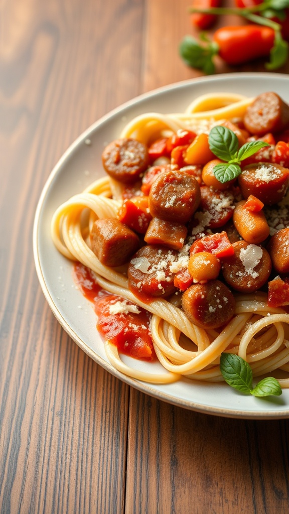 A plate of sausage and peppers pasta garnished with basil and cheese.
