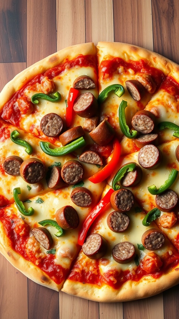 Delicious sausage and peppers pizza with vibrant vegetables on top.
