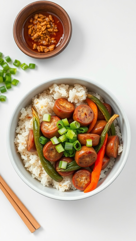 A delicious sausage and peppers rice bowl, featuring sliced sausage, colorful bell peppers, and green onions over white rice.