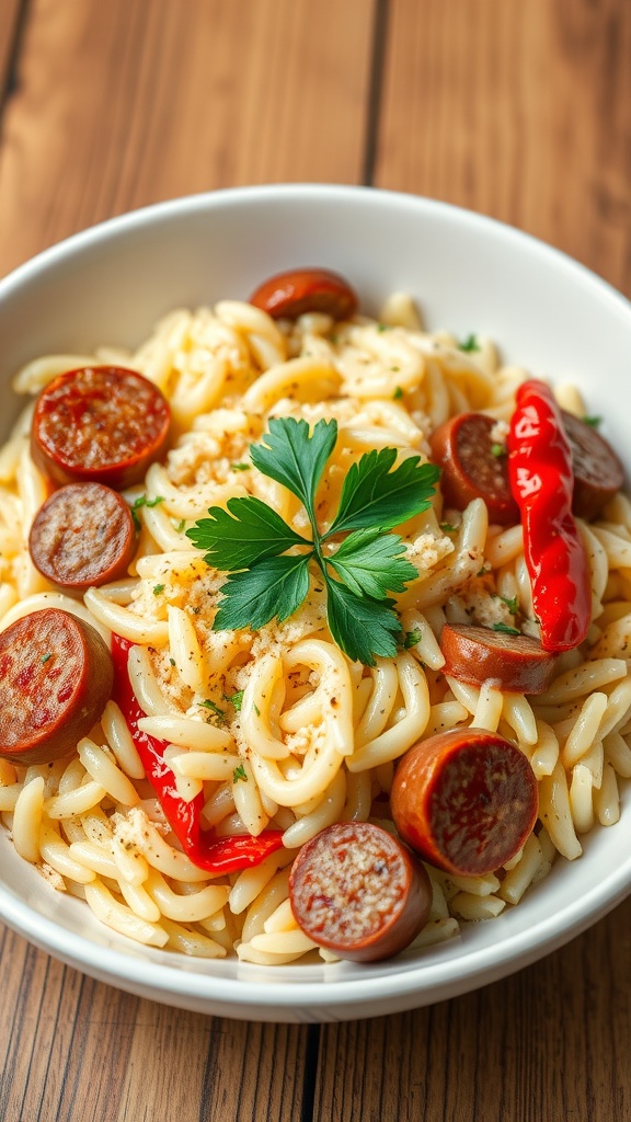 A bowl of creamy sausage and peppers risotto topped with parsley.