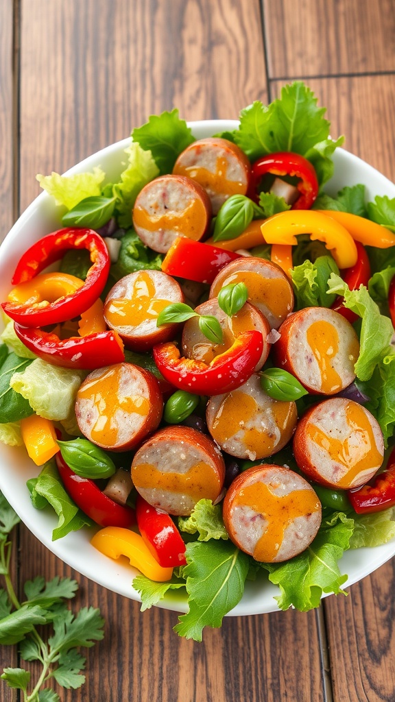 Colorful sausage and peppers salad with mixed greens and dressing.