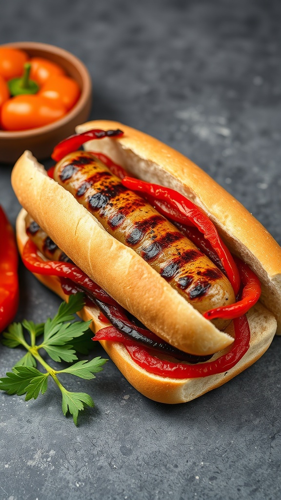 A delicious sausage and peppers sandwich with grilled sausage, colorful peppers, and a soft bun.