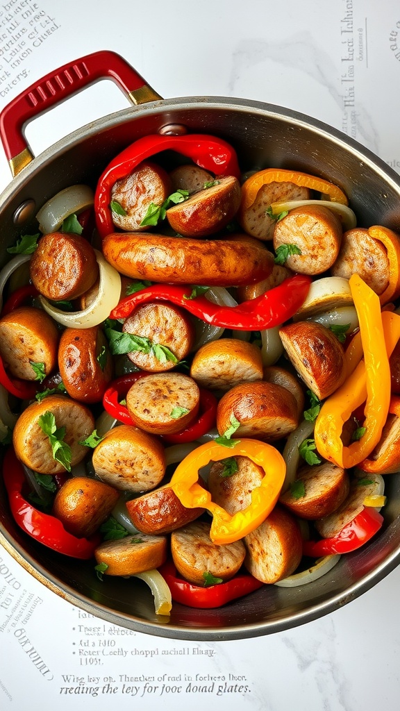 A hearty sausage and peppers skillet with colorful bell peppers and sausage pieces.