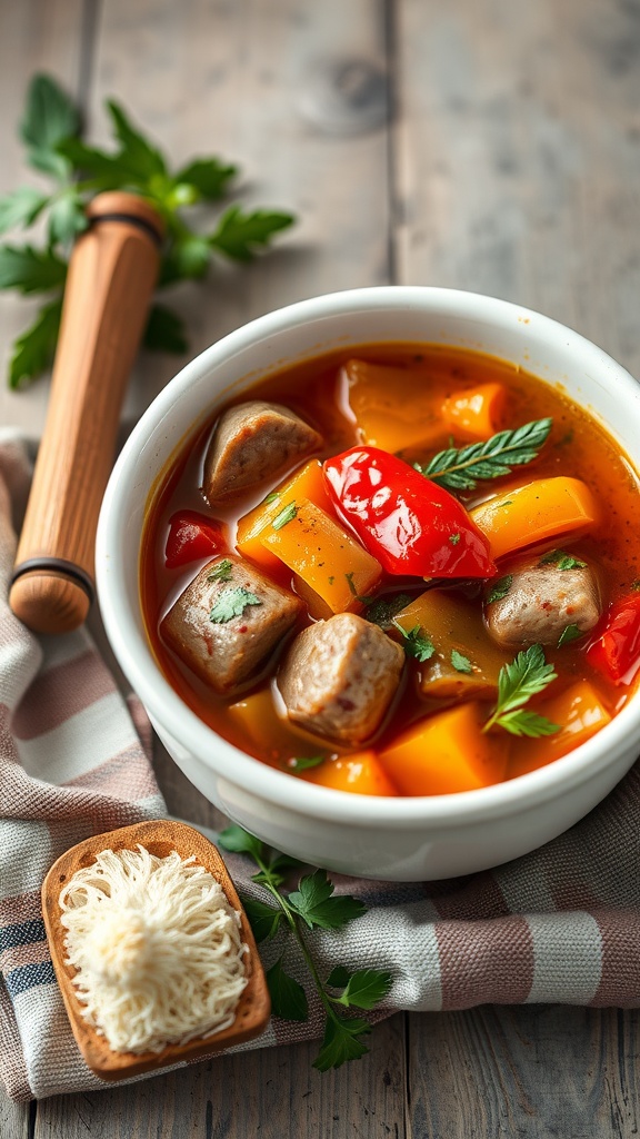 A bowl of sausage and peppers soup with colorful vegetables and herbs.