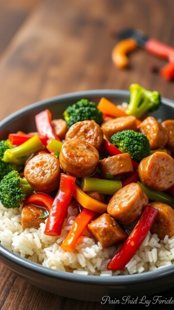 A colorful bowl of sausage and peppers stir-fry with broccoli served over rice.