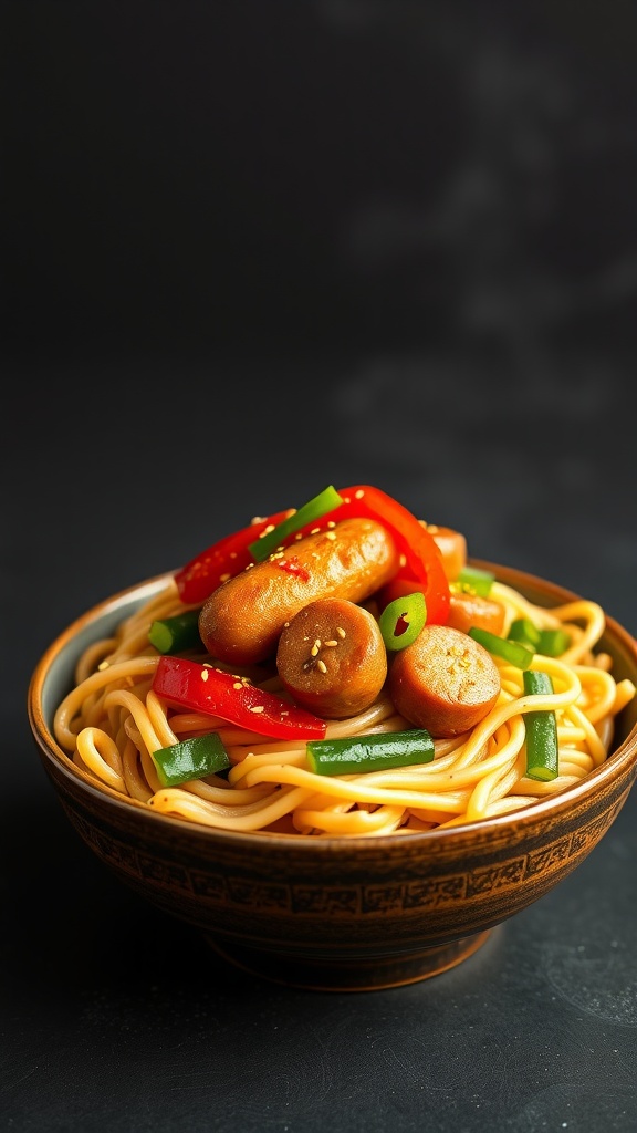 A bowl of sausage and peppers stir-fry with noodles, garnished with green onions.