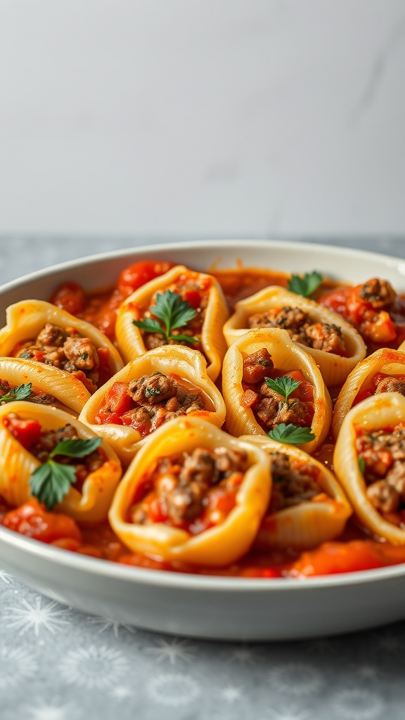 Sausage and Peppers Stuffed Shells served in a bowl