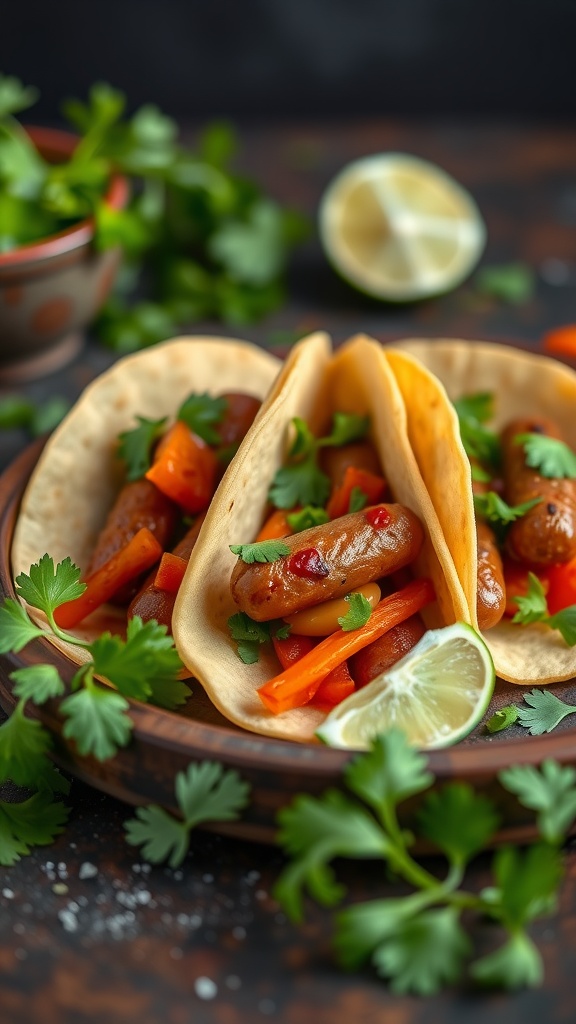 Sausage and peppers tacos with fresh garnishes