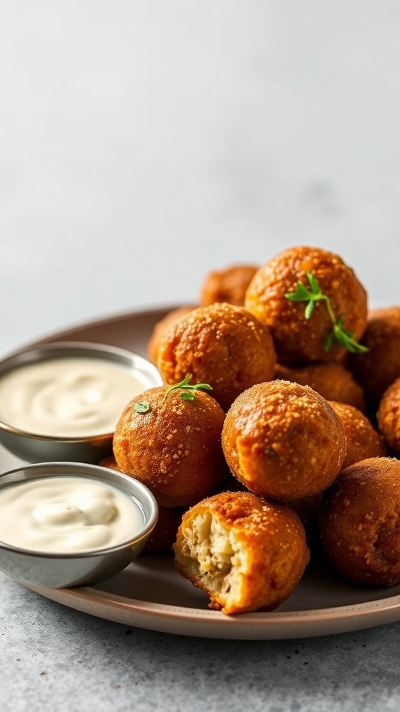 Plate of golden-brown sausage and potato balls with dipping sauces.