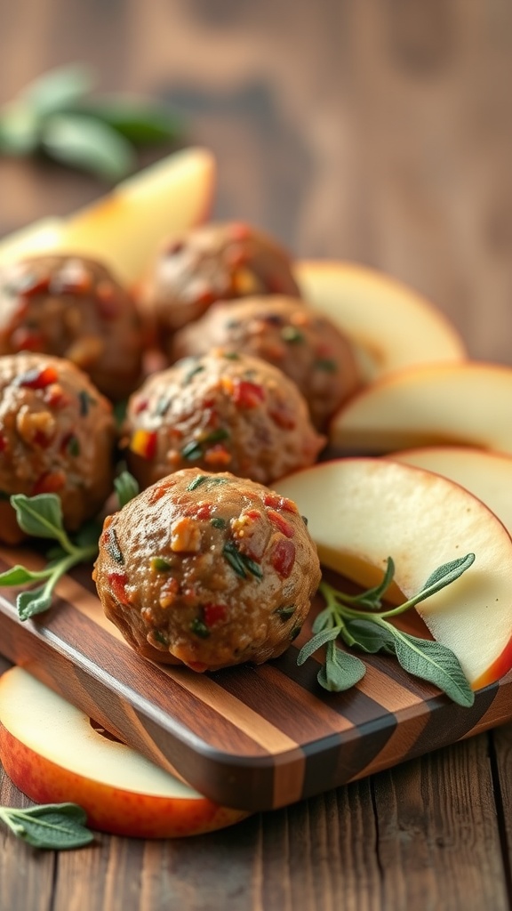 A wooden board with sausage balls surrounded by apple slices and sage leaves.