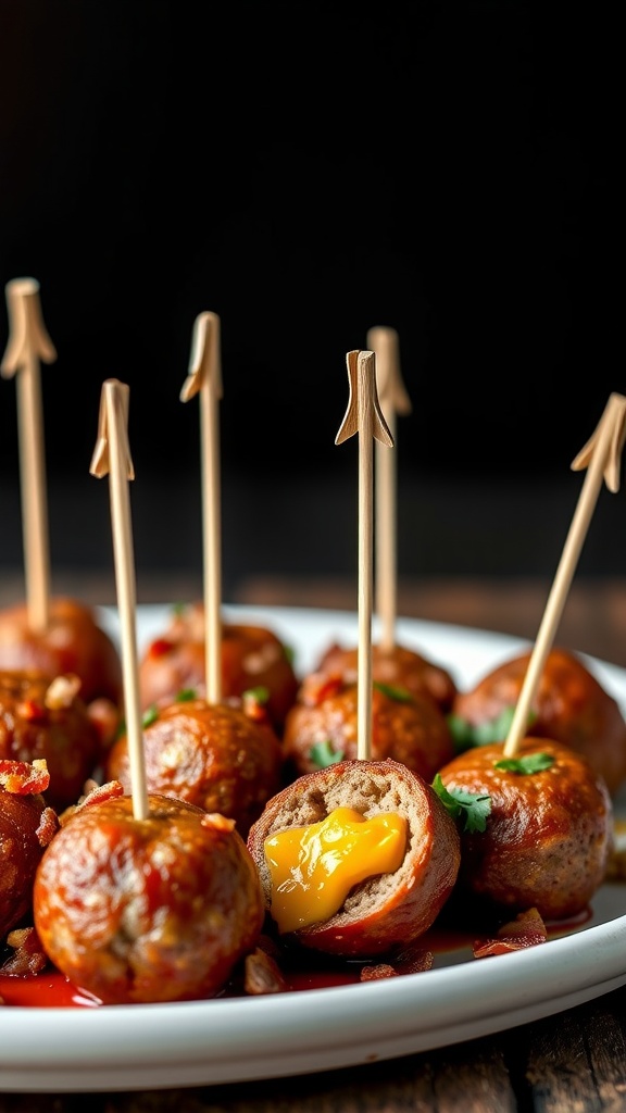 Sausage balls with cheddar and bacon served on a plate with toothpicks.