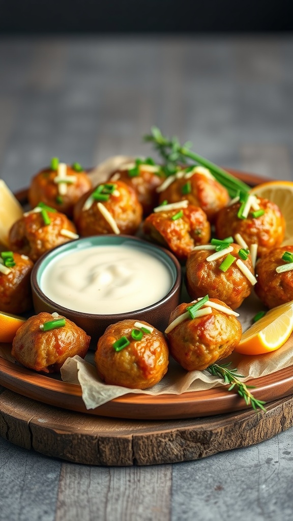 Delicious sausage balls with cheese and chives served with a creamy dipping sauce.