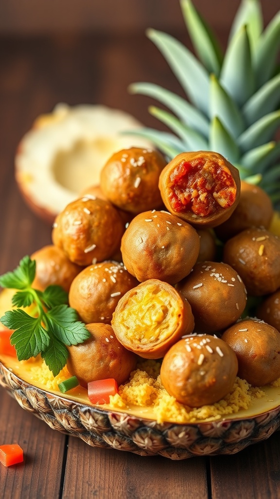 Sausage balls with a tropical twist, featuring coconut and curry flavors.