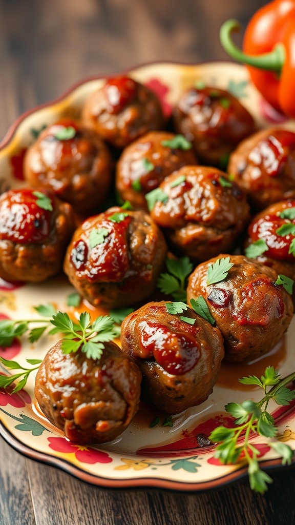 A plate of sausage balls with roasted peppers garnished with fresh herbs.